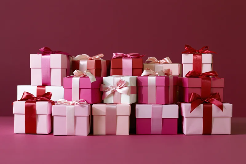 Stacked wrapped gift boxes in pink and red with ribbons on a solid background