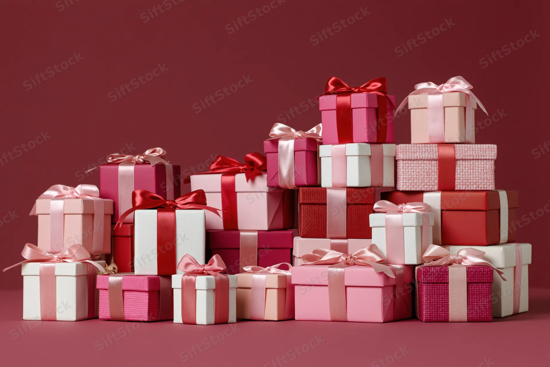 Stacked wrapped gift boxes in red pink and white with ribbons on a solid background