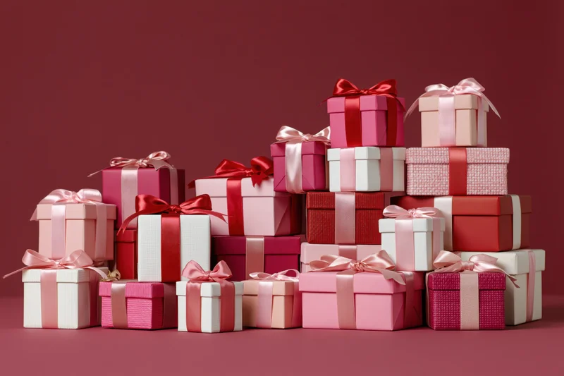 Stacked wrapped gift boxes in red pink and white with ribbons on a solid background