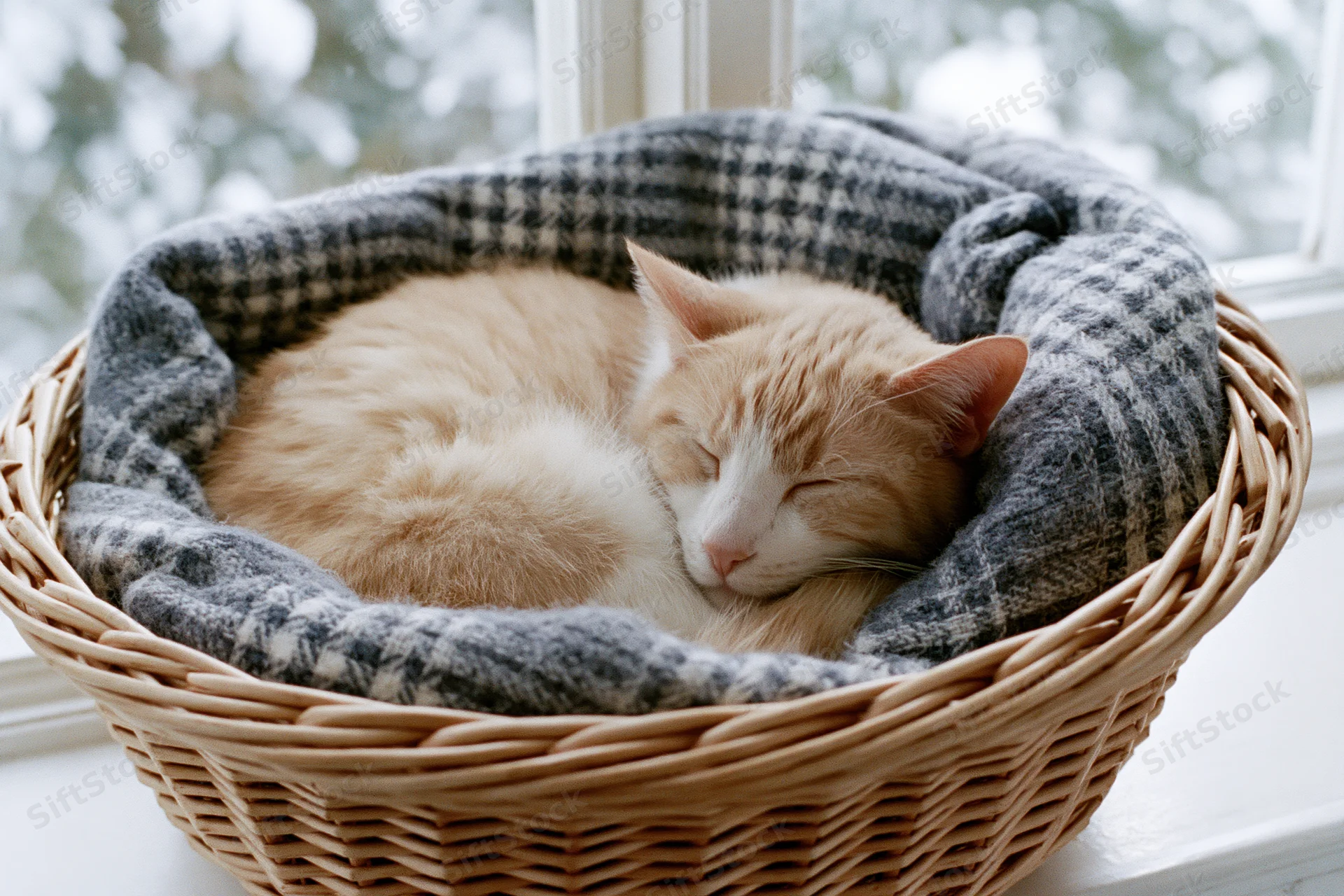 Ginger and cream tabby cat sleeping curled in a wicker basket lined with a gray and white checkered blanket on a windowsill