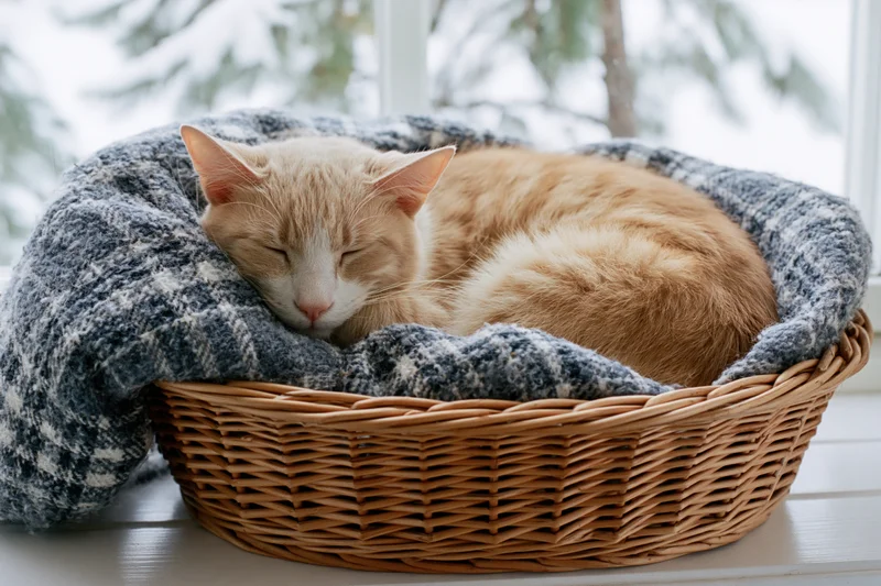 Ginger and cream tabby cat sleeping curled in a wicker basket lined with a knitted blanket by a window