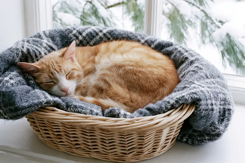 Ginger and cream tabby cat sleeping curled in a wicker basket lined with a gray wool blanket on a windowsill with snow outside