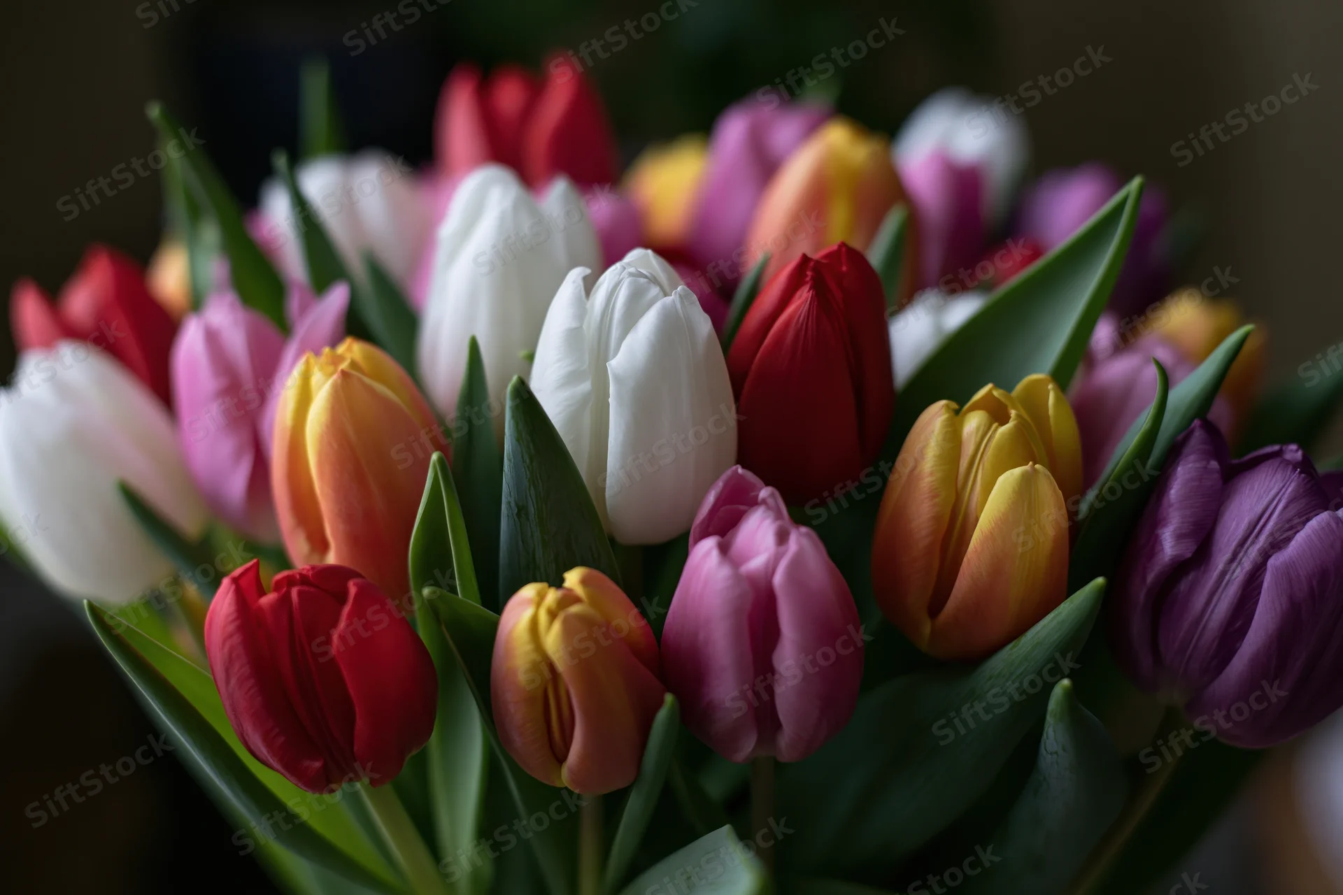 Dense bouquet of mixed tulips in various bloom stages with green stems and colorful petals