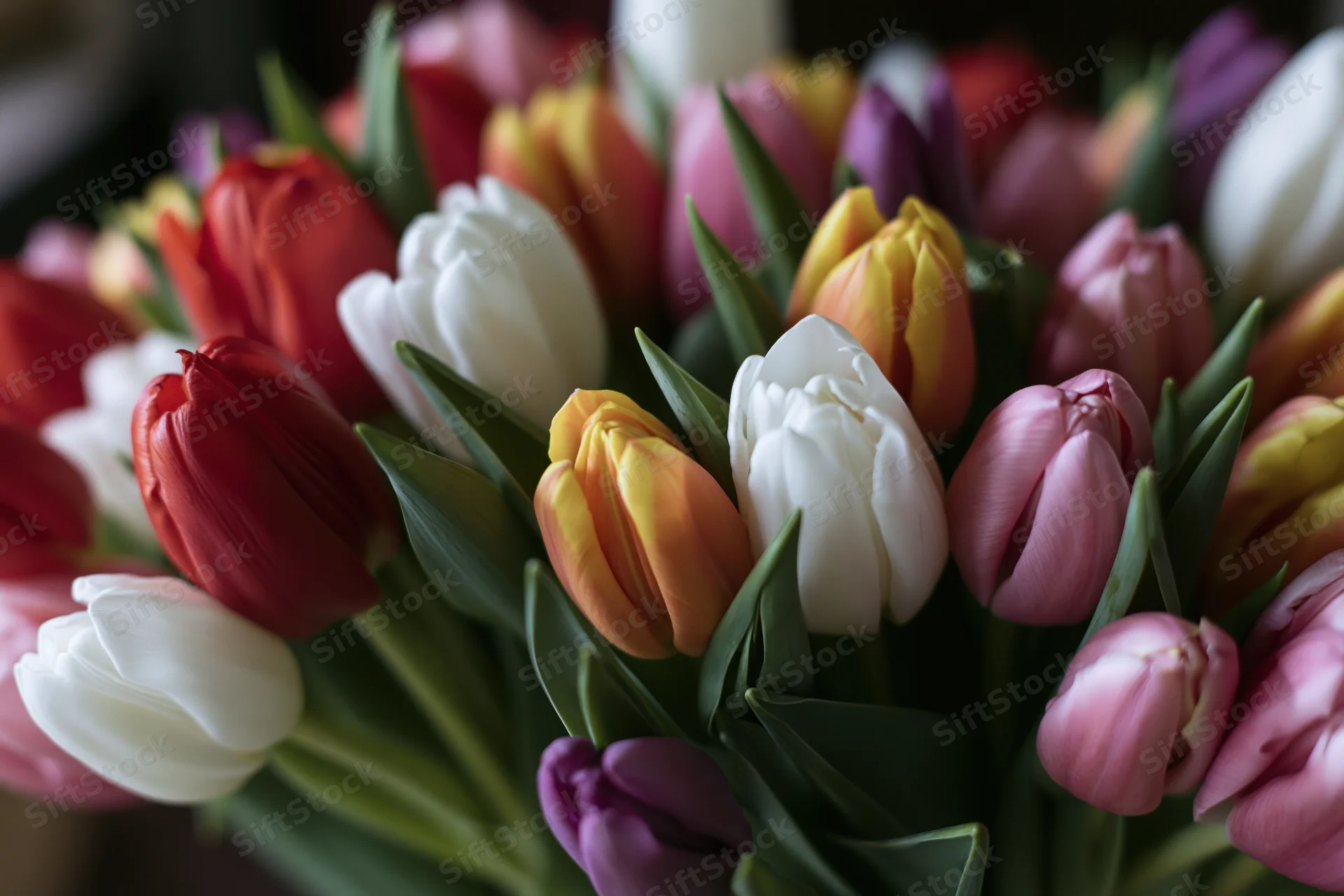 Dense bouquet of mixed tulips in various bloom stages arranged closely together