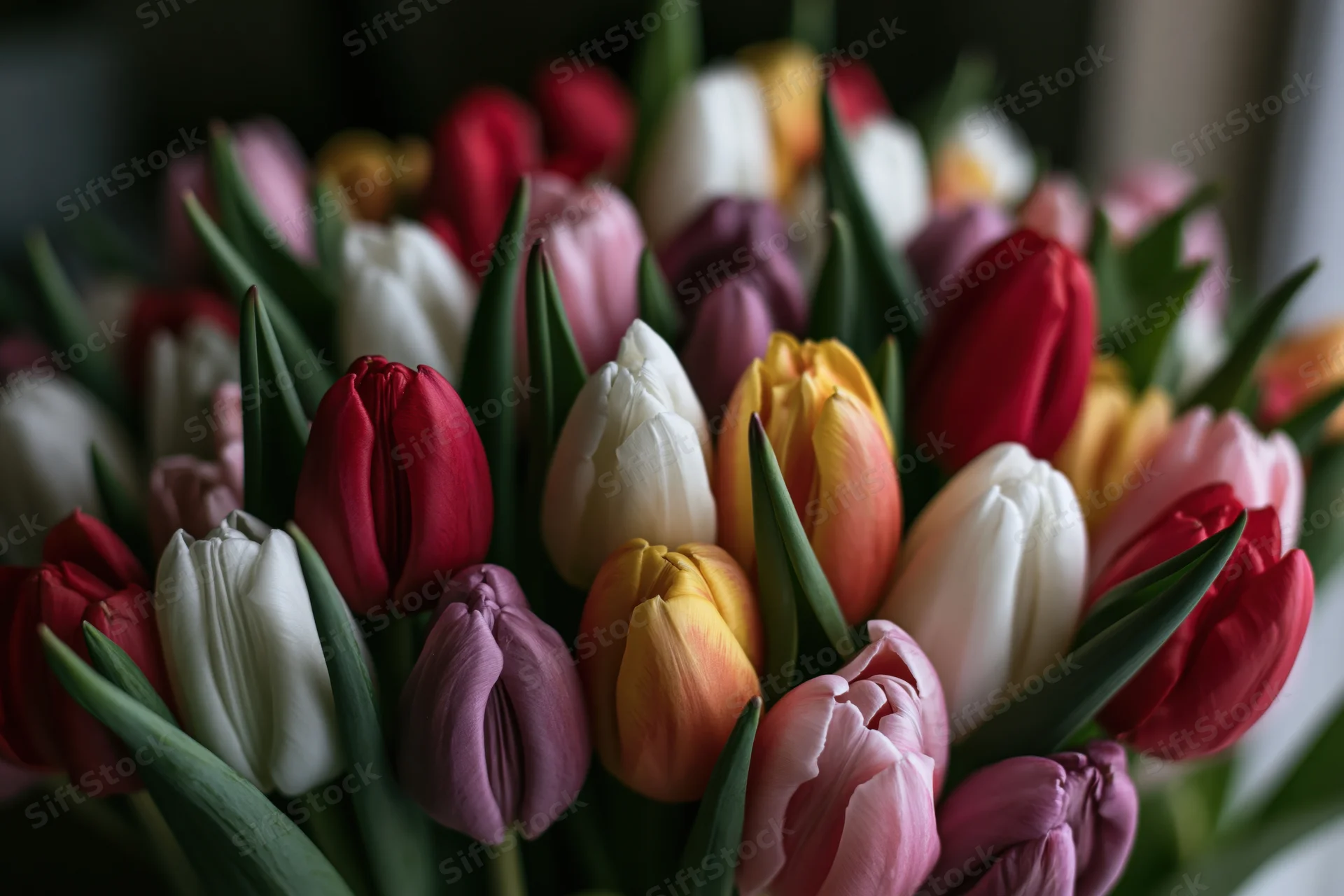 Dense bouquet of mixed tulips in varying stages of bloom, close-up view with soft focus background