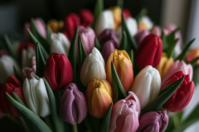 Dense bouquet of mixed tulips in varying stages of bloom, close-up view with soft focus background