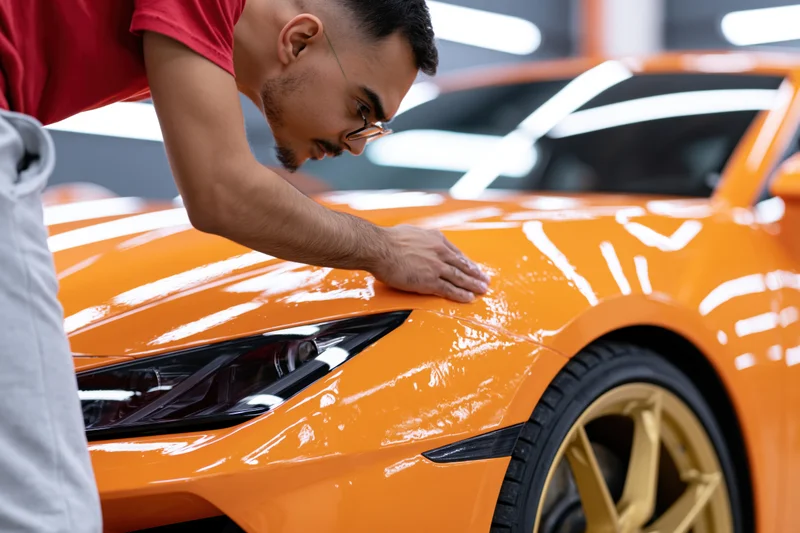 Young man applying coating to orange sports car in workshop