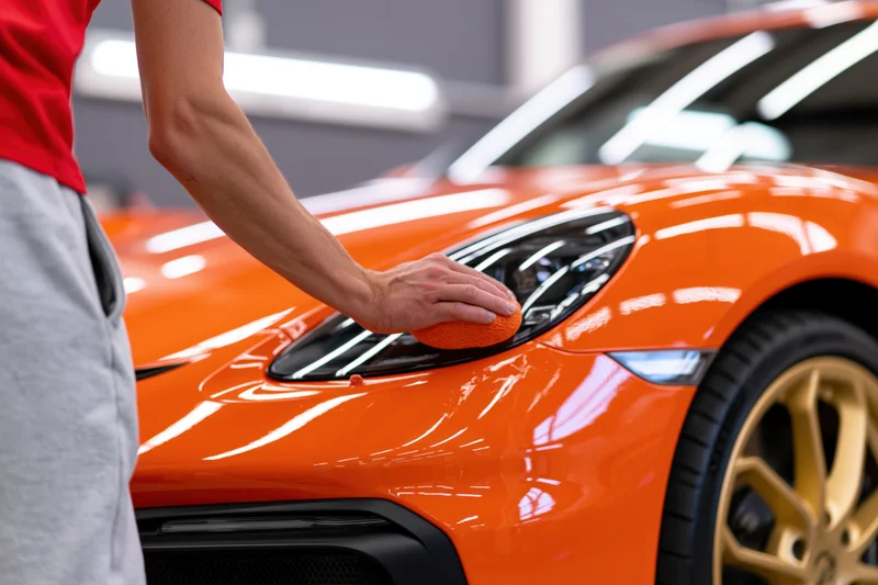 Man applying coating to orange sports car headlight in garage