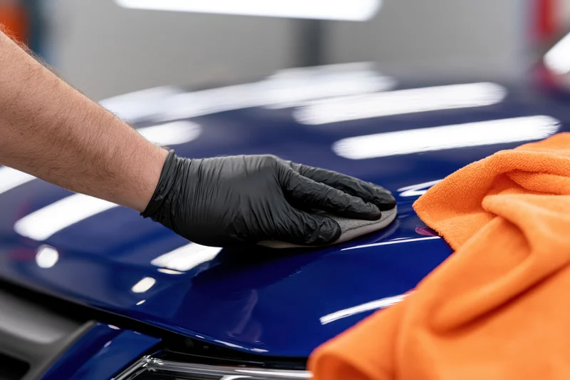 Detailer’s gloved hand applying polish to blue car hood in workshop