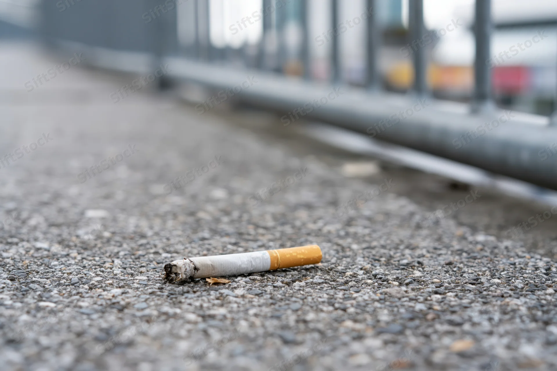Discarded cigarette butt lying on rough gray concrete pavement near metal railing