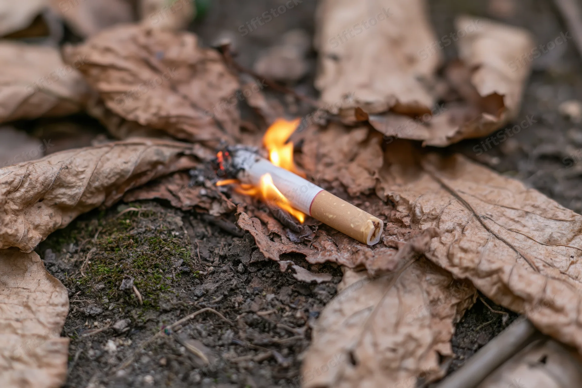 Lit cigarette burning on dry fallen leaves in forest ground with moss and soil