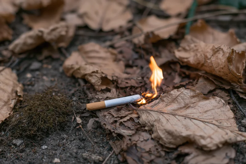 Lit cigarette burning on dry fallen leaves in forest ground with moss and soil