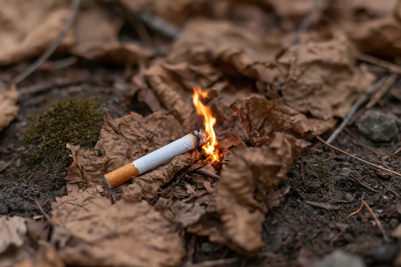 Lit cigarette burning on dry fallen leaves in forest ground