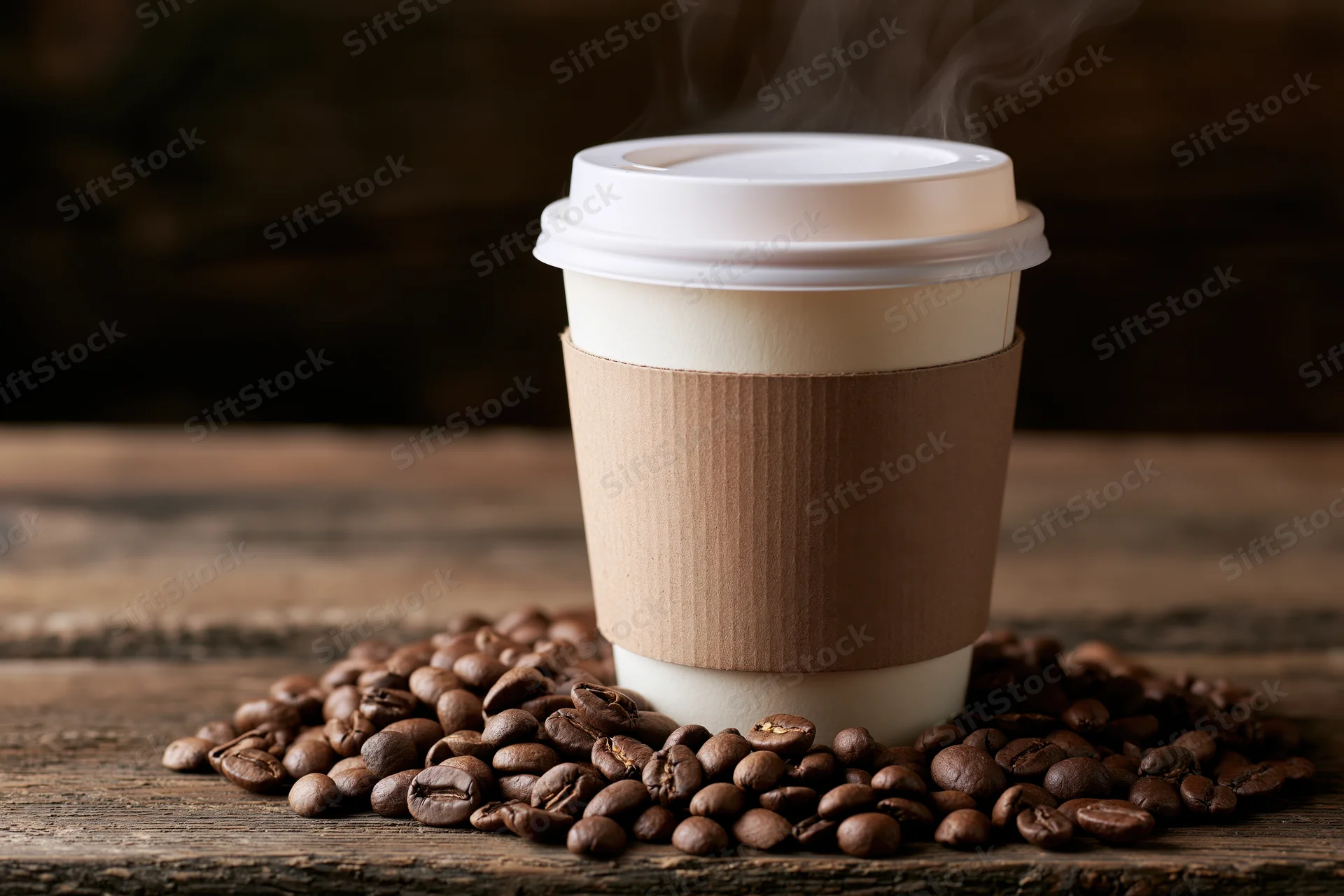 Steaming disposable coffee cup with brown sleeve and scattered beans on rustic wooden table