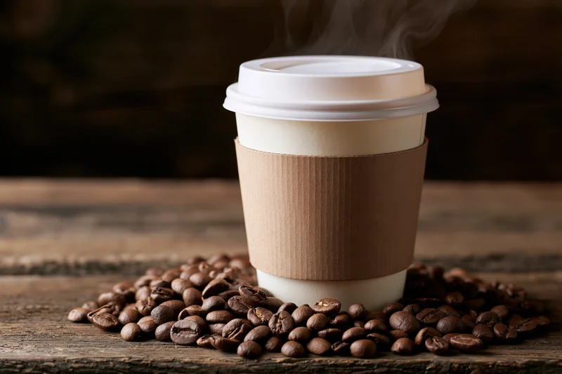 Steaming disposable coffee cup with brown sleeve and scattered beans on rustic wooden table