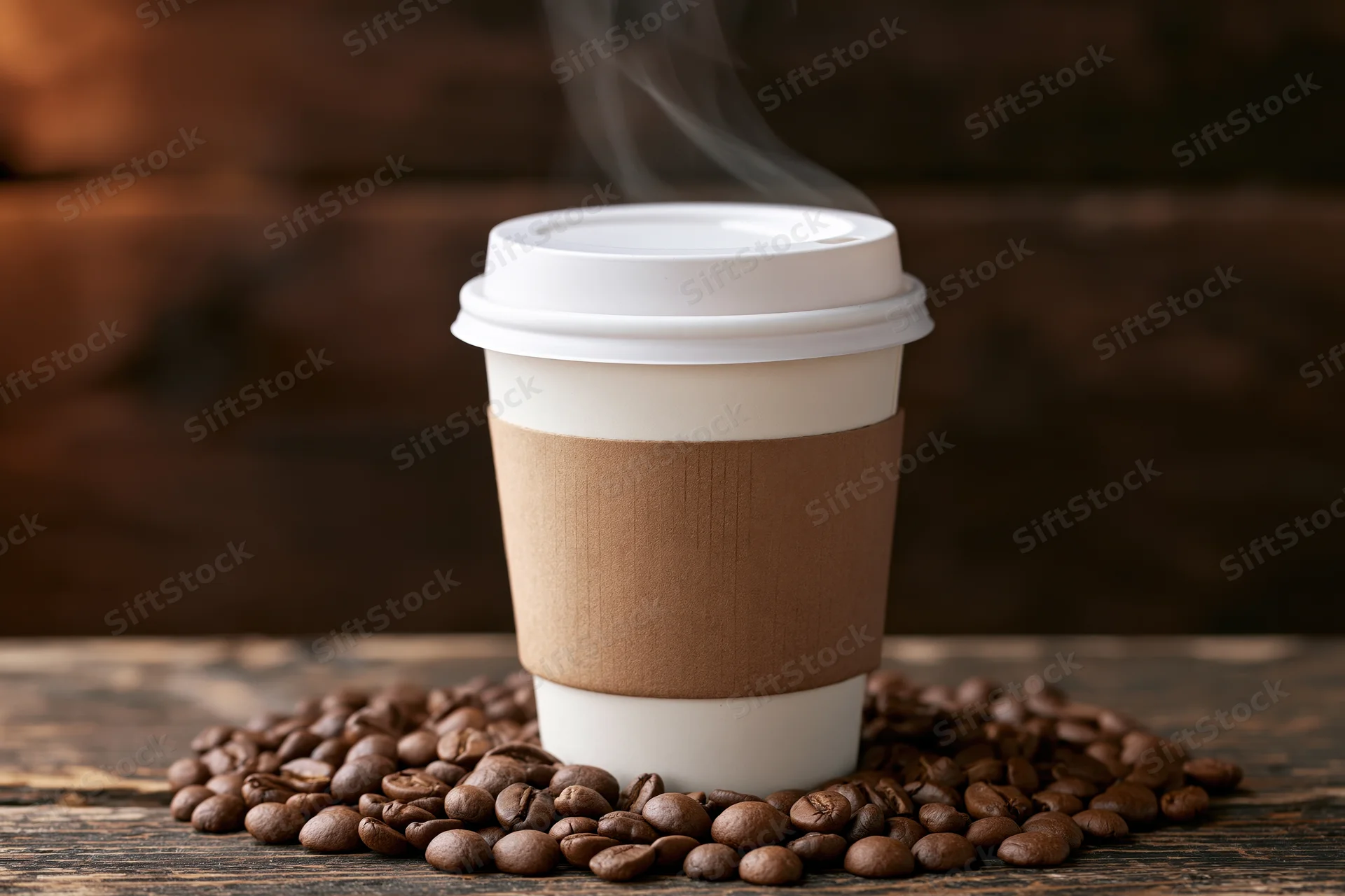 Steaming disposable coffee cup with brown sleeve and coffee beans on wooden surface