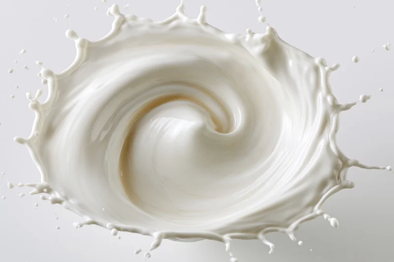 Milk splash frozen mid-motion forming a swirling crown shape against white background