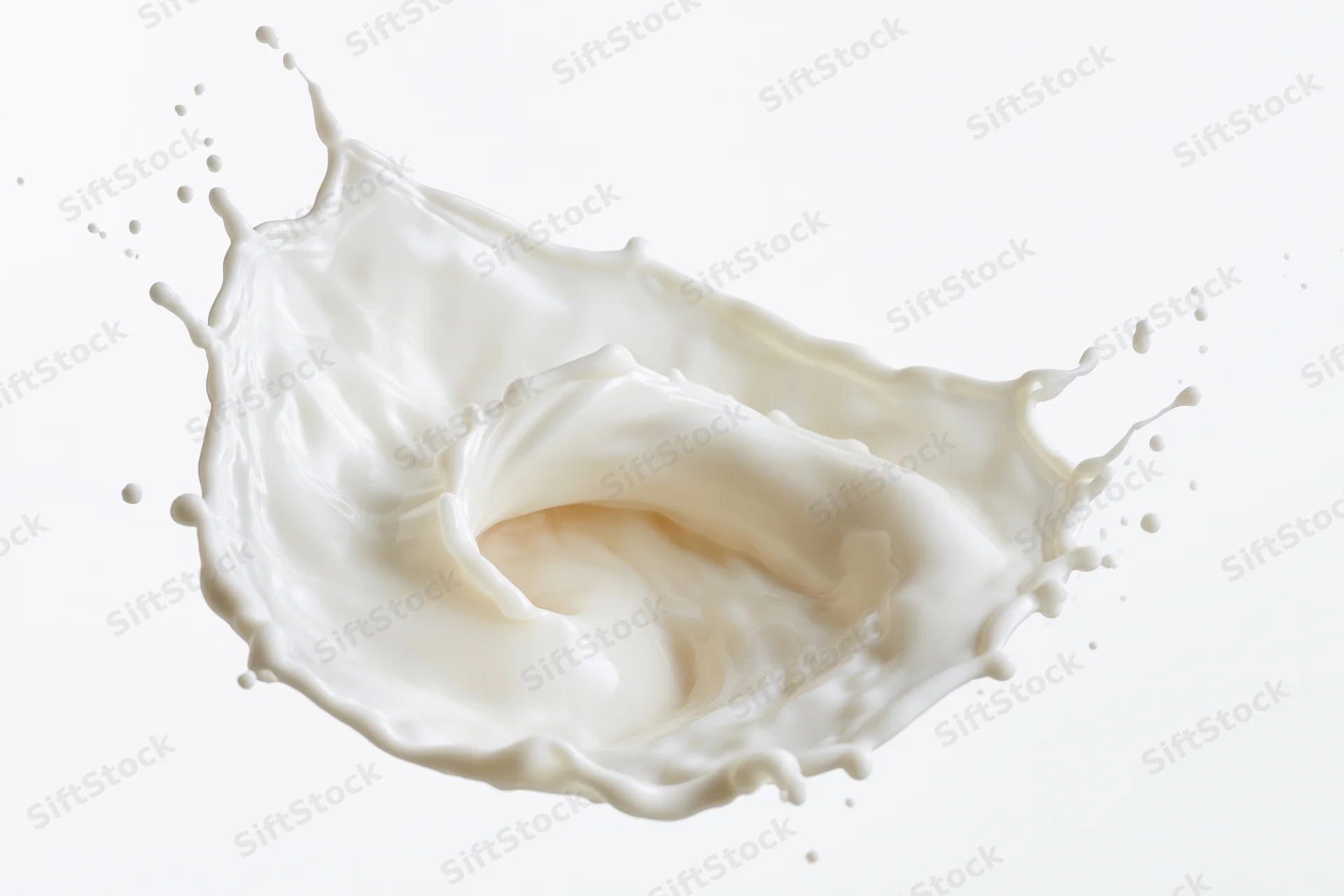 Milk splash frozen mid-motion forming a swirling crown shape against white background
