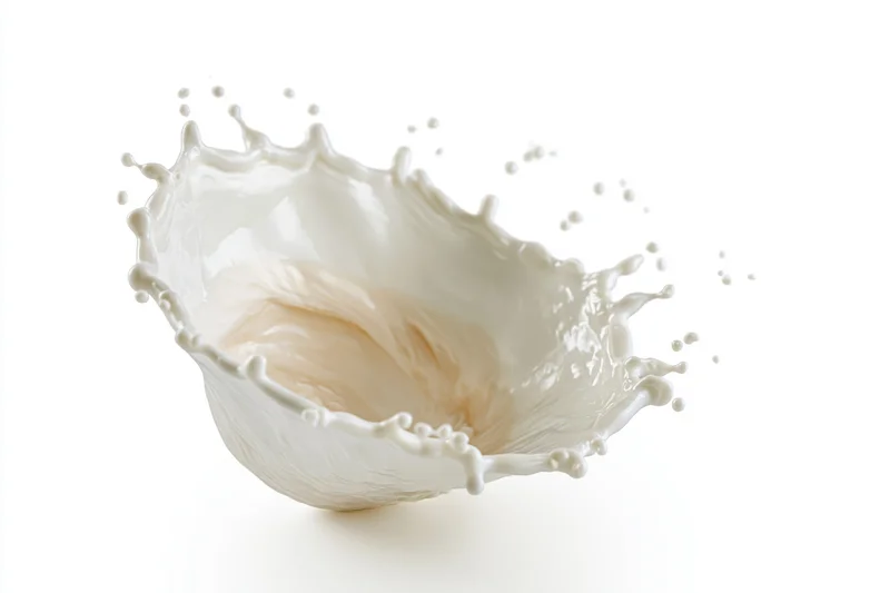 Milk splash frozen mid-motion forming a swirling crown shape against white background