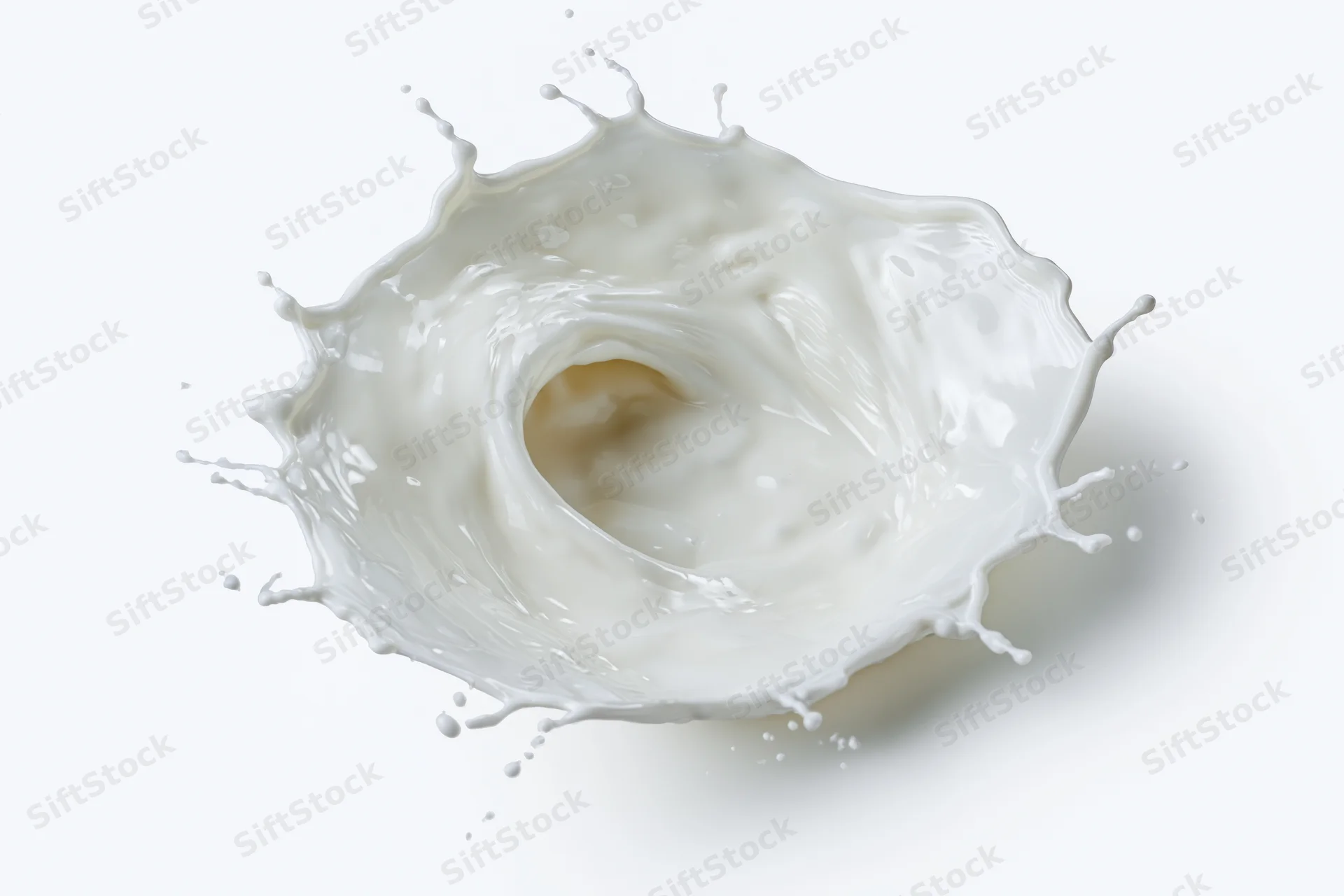 Milk splash frozen mid-motion forming a swirling crown shape against white background