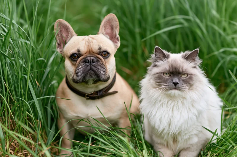 Fawn french bulldog and white-grey ragdoll cat sitting together in tall green grass
