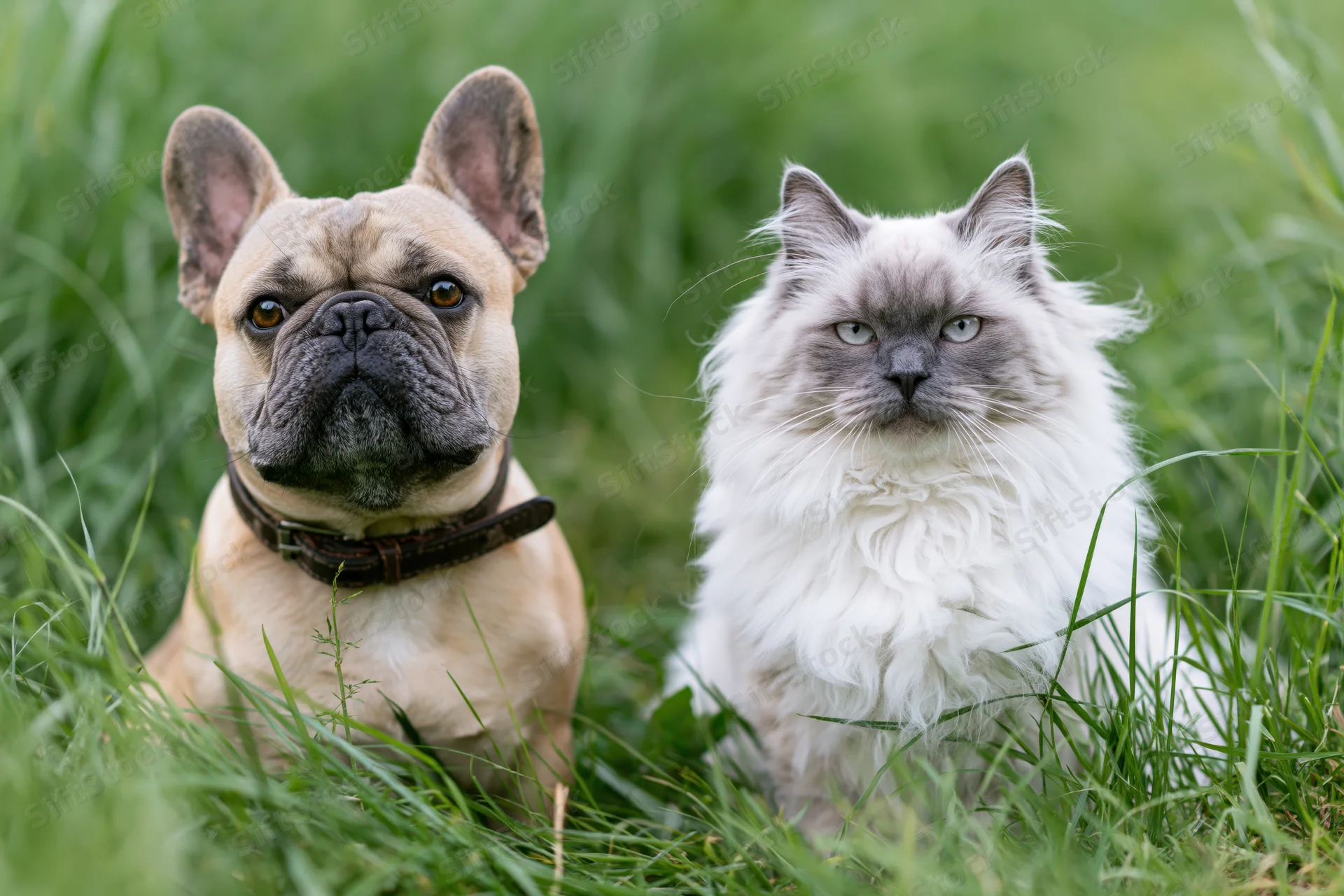 Fawn french bulldog and white-grey fluffy cat sitting together in tall green grass