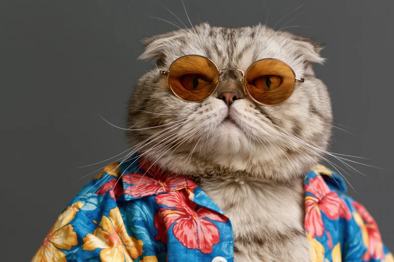 Flat-faced cat wearing round amber sunglasses and a blue floral shirt in studio portrait
