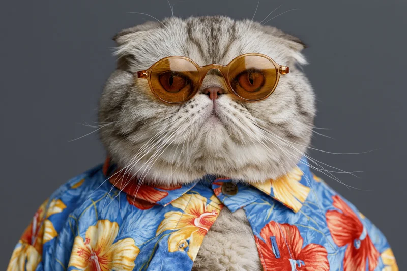 Flat-faced cat wearing sunglasses and a floral shirt in studio portrait