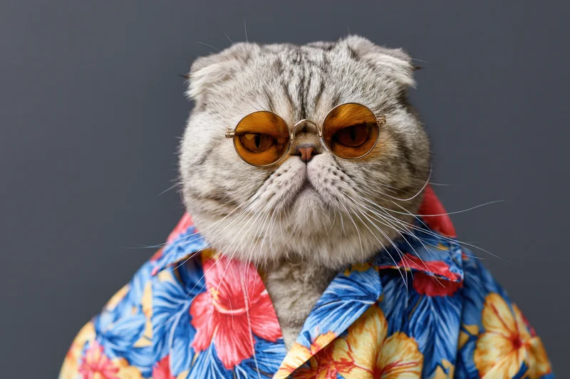 Flat-faced cat wearing round amber sunglasses and a blue floral shirt against a gray background