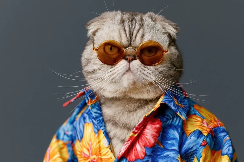 Flat-faced cat wearing round amber sunglasses and a colorful floral shirt in studio portrait