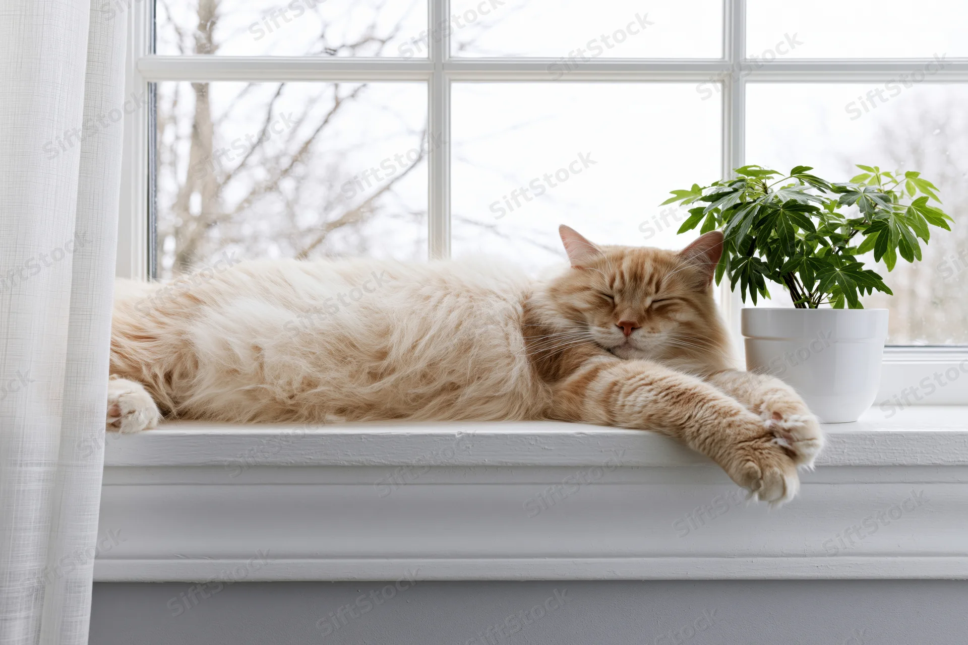 Fluffy ginger and cream cat sleeping stretched out on windowsill beside potted plant