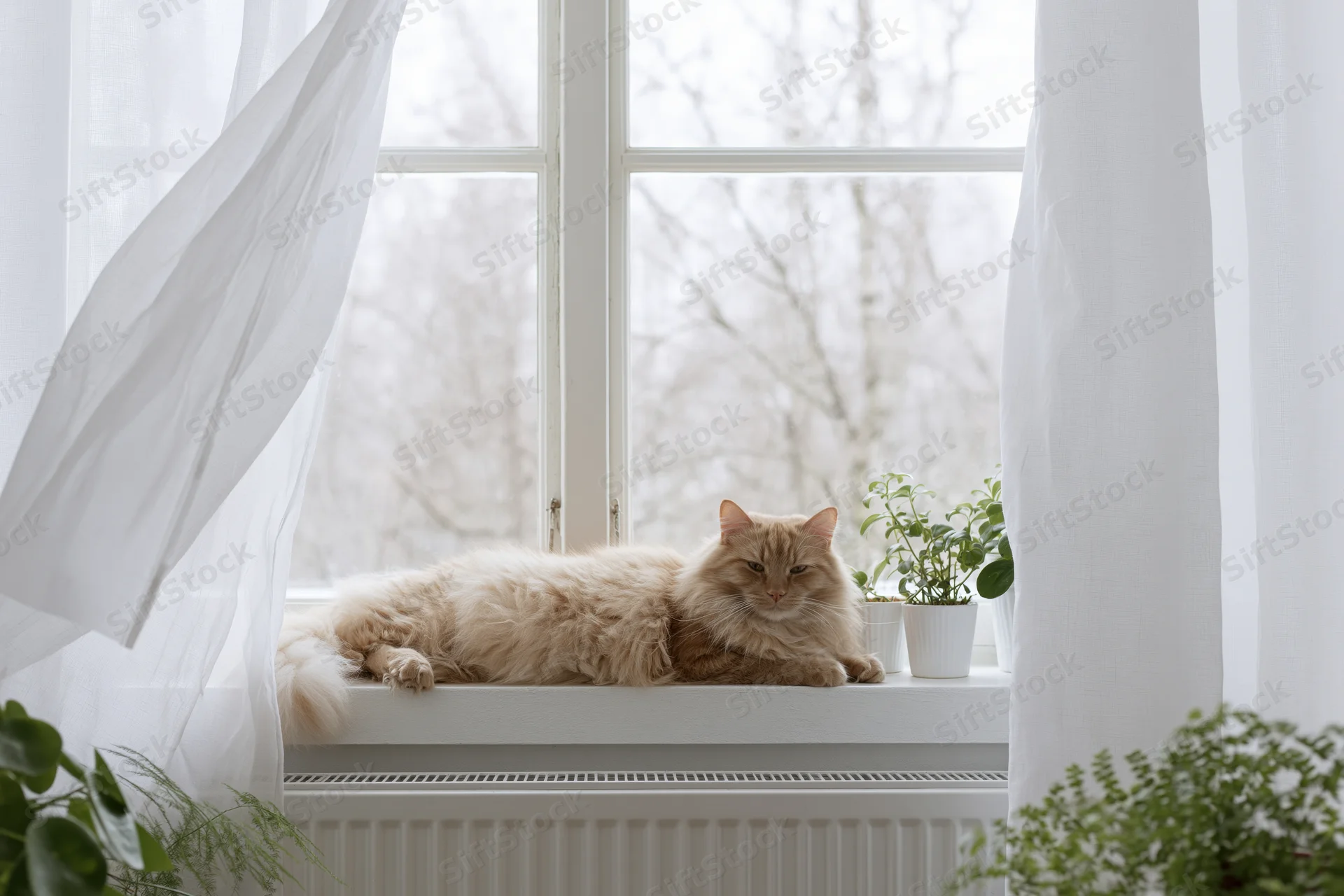 Fluffy ginger cat lounging on white windowsill beside potted plants and sheer curtains in home interior