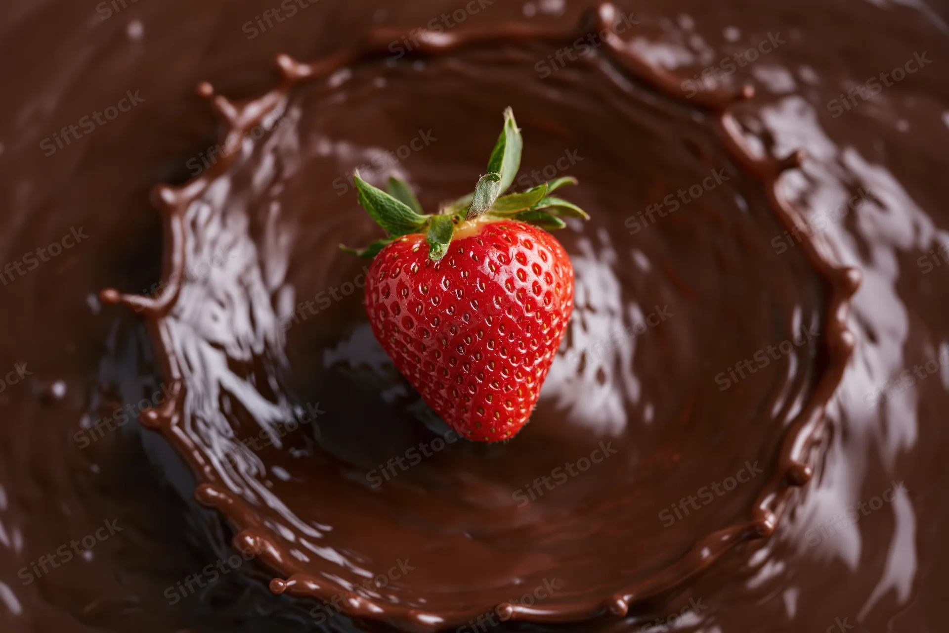 Fresh strawberry with green leaves landing in liquid chocolate, creating a splash and ripple effect