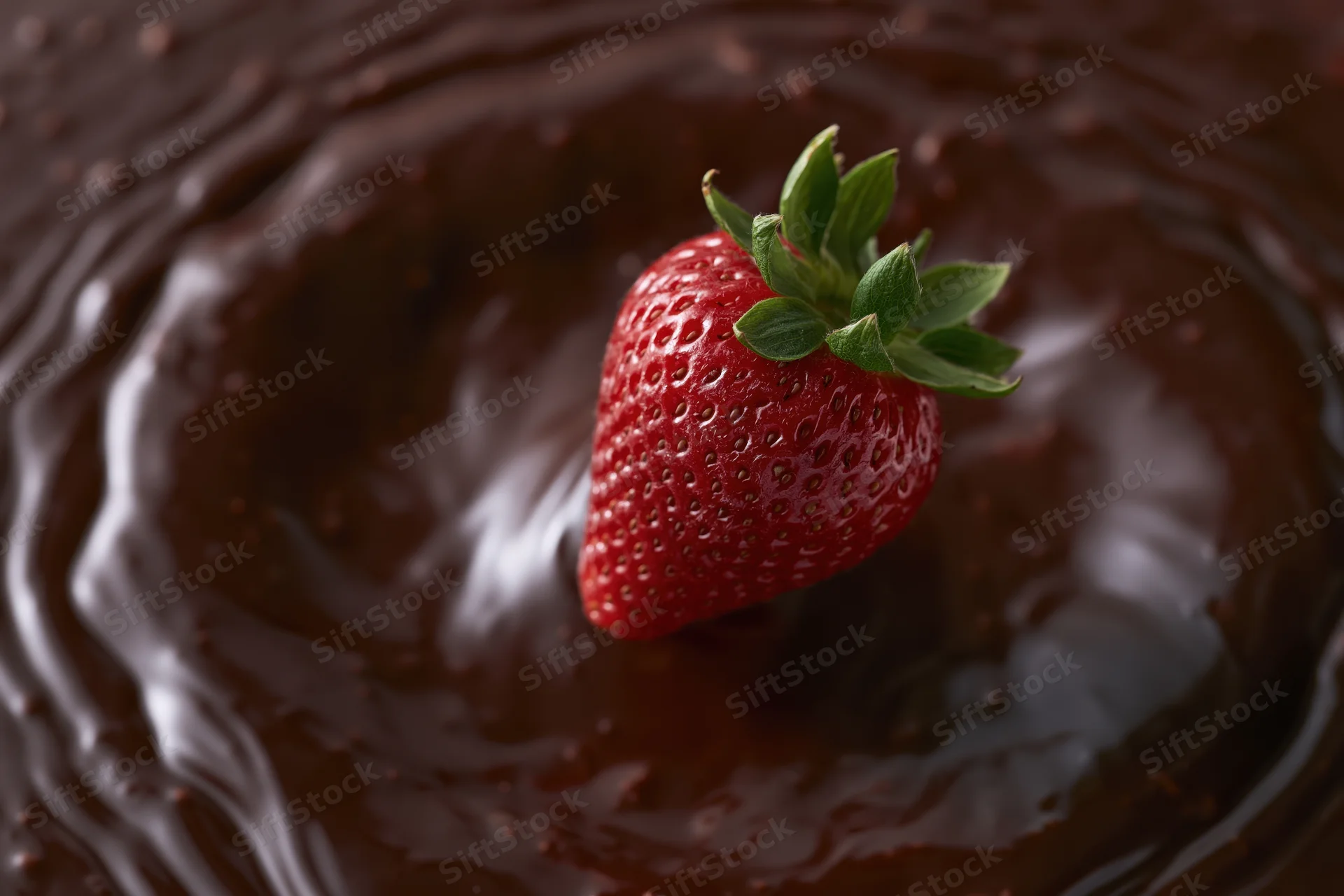 Strawberry dropped into liquid chocolate with green leaves visible
