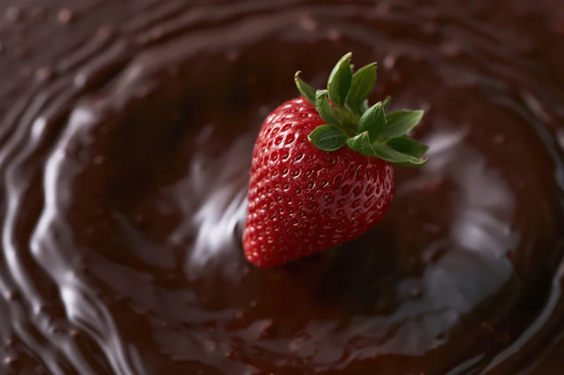 Strawberry dropped into liquid chocolate with green leaves visible