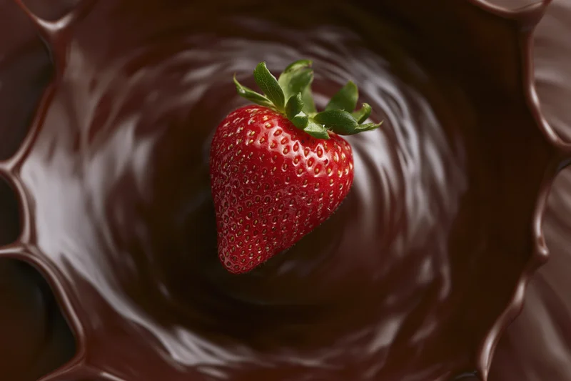 Fresh strawberry with green leaves landing in swirling liquid chocolate