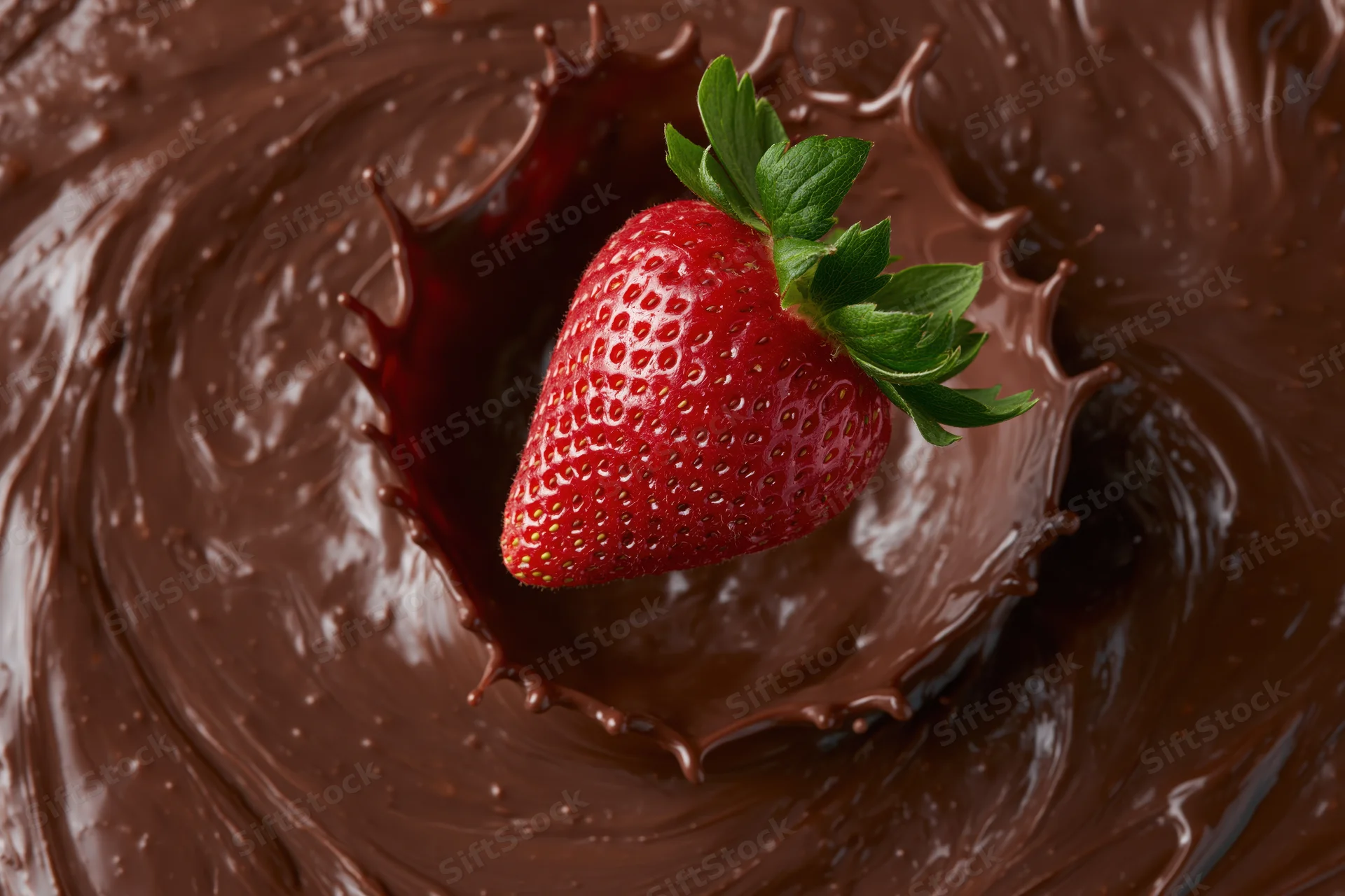 Fresh strawberry with green leaves landing in liquid chocolate, creating a splash in the center