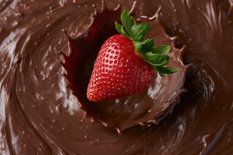 Fresh strawberry with green leaves landing in liquid chocolate, creating a splash in the center