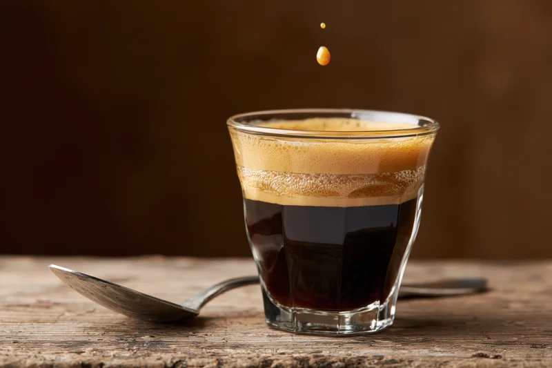 Glass espresso cup with dark coffee and golden crema, a drop falling, on wooden table with spoon beside it
