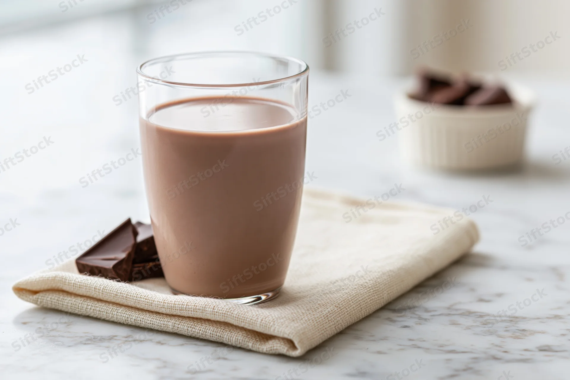 Glass of chocolate milk on folded cream linen napkin on marble countertop