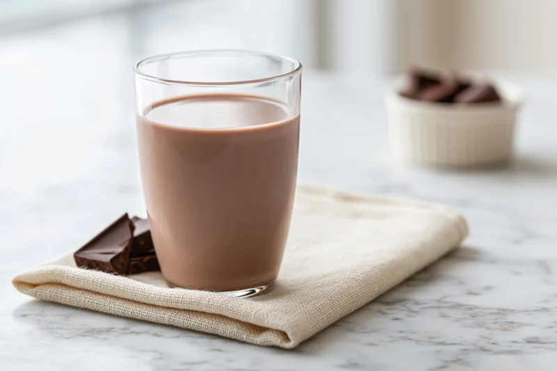 Glass of chocolate milk on folded cream linen napkin on marble countertop