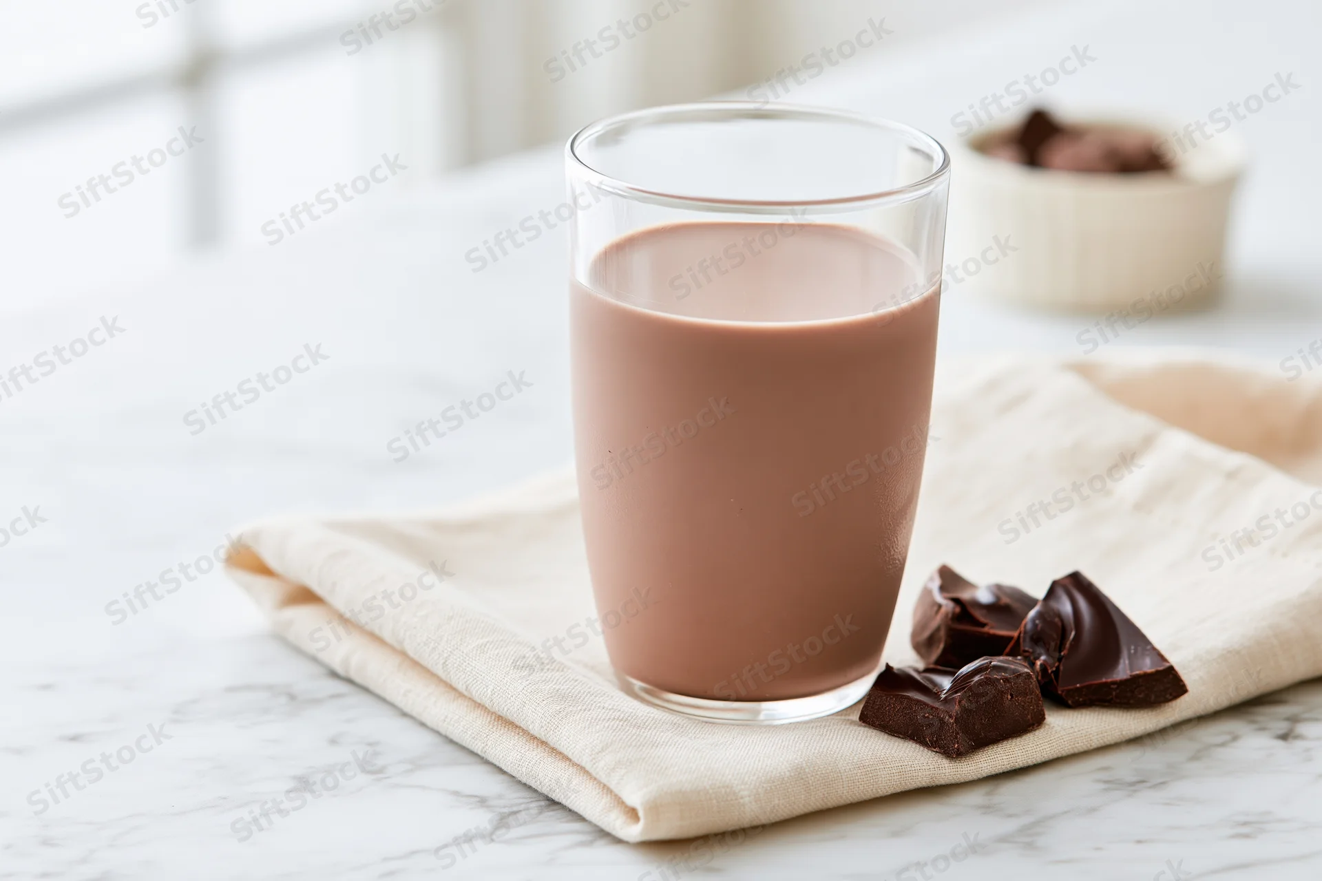Glass of chocolate milk on folded cream linen napkin on marble countertop with chocolate pieces nearby