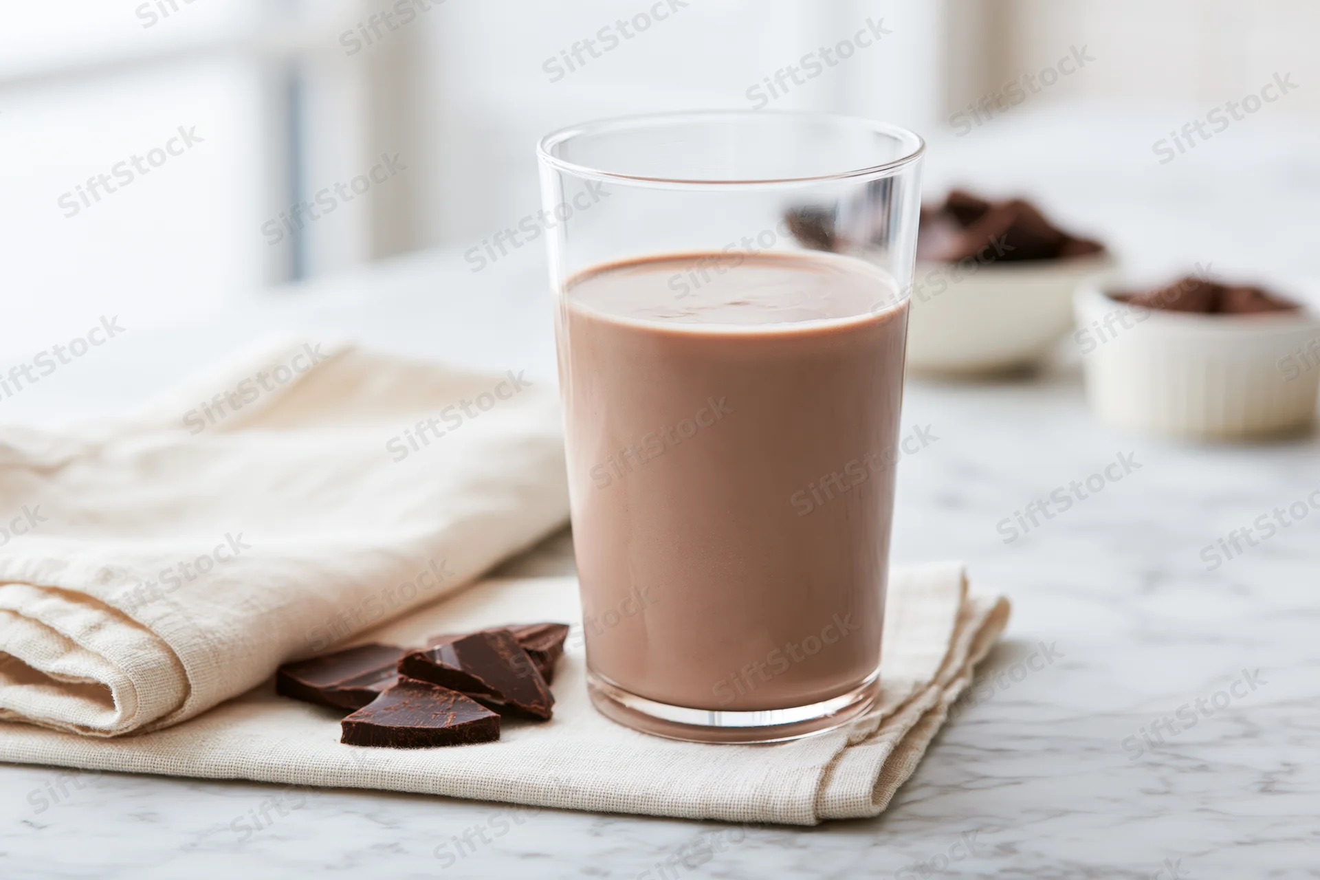 Glass of chocolate milk on folded cream linen napkin on marble countertop