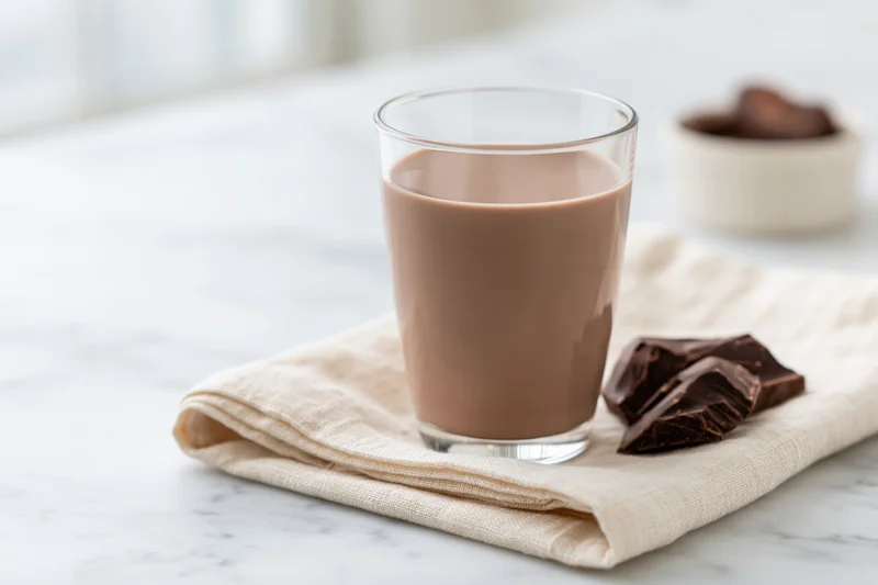 Glass of chocolate milk on folded cream linen napkin on marble countertop