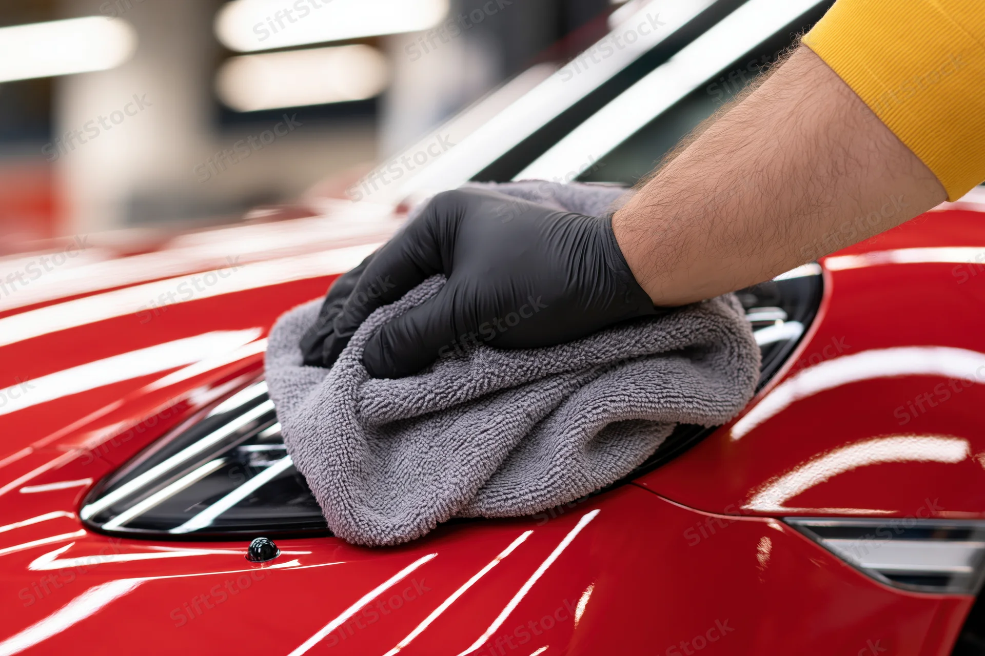 Gloved hand polishing red car hood with microfiber cloth in garage