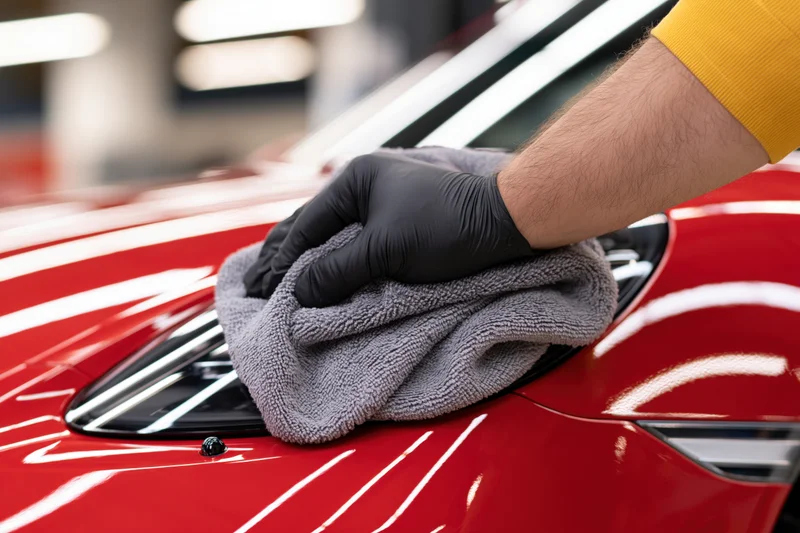 Gloved hand polishing red car hood with microfiber cloth in garage