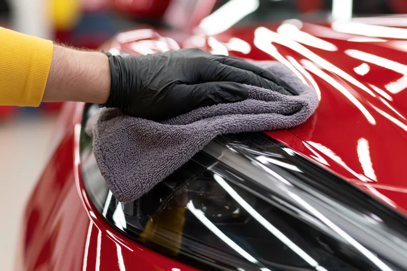 Gloved hand wiping red car hood with microfiber cloth in workshop