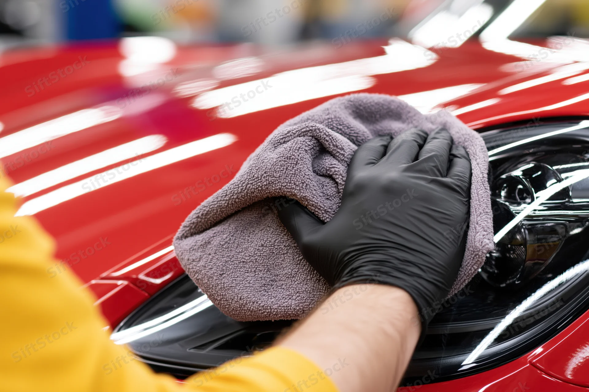 Gloved hand polishing red car headlight with microfiber cloth in workshop