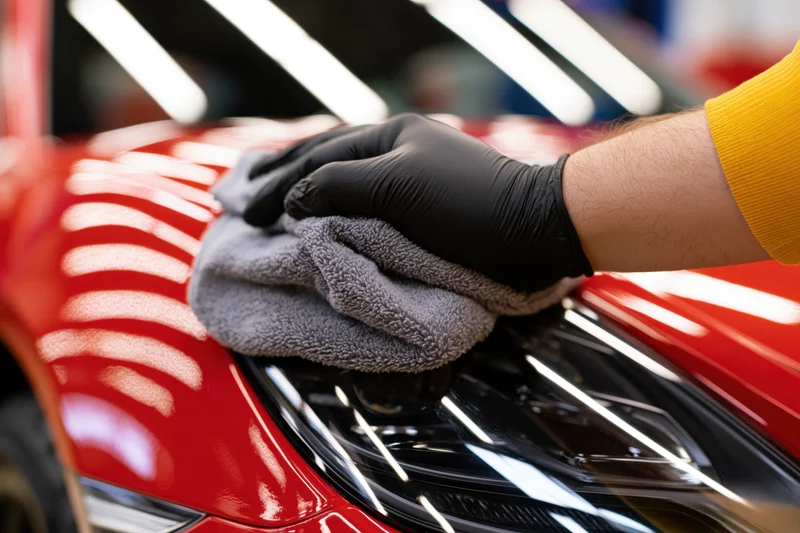 Gloved hand polishing red car hood with microfiber cloth in workshop
