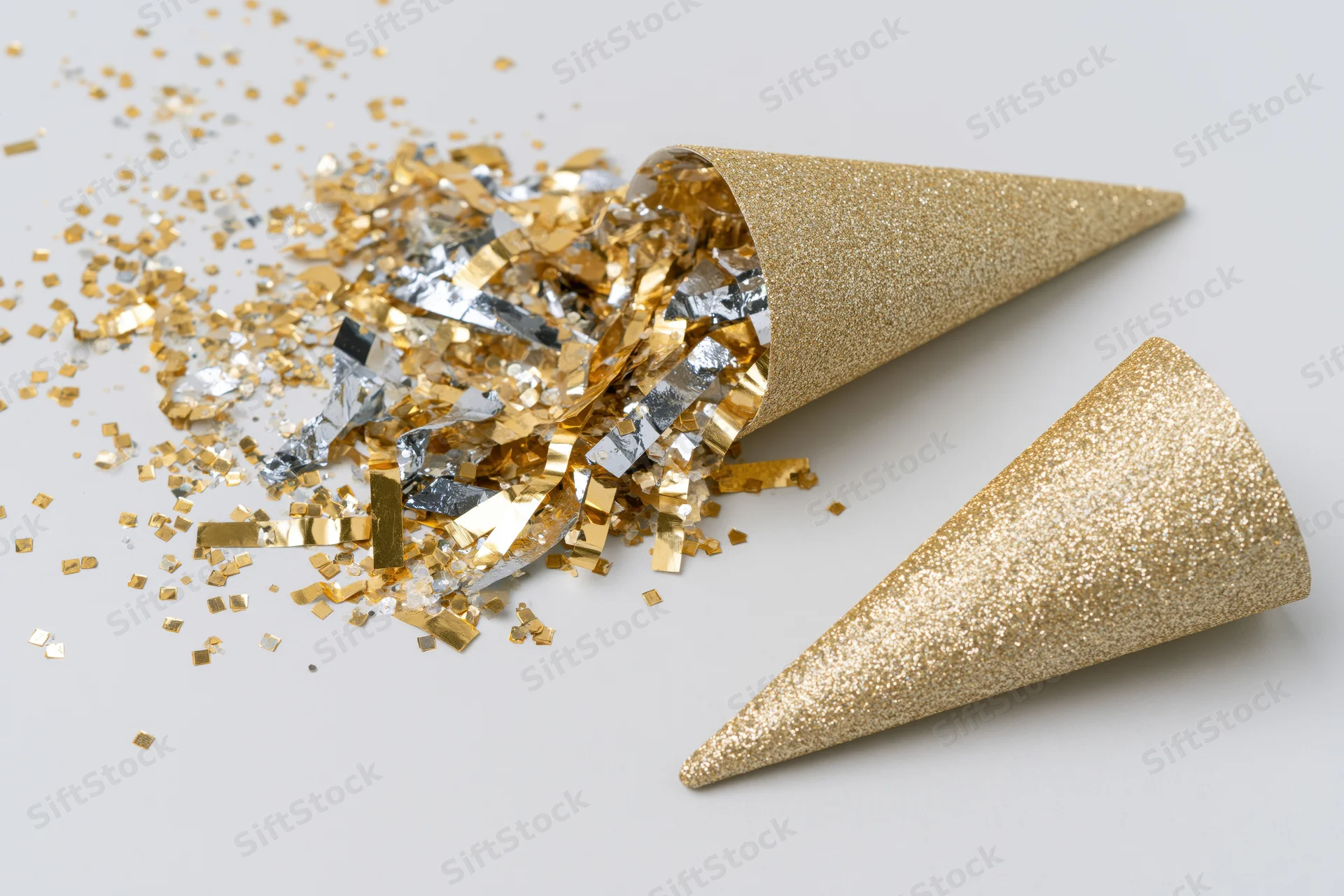 Gold glitter party cone lying on its side with scattered gold and silver confetti on white surface